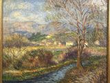 an oil painting of a stream running through a field with a house in the distance