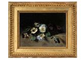 an image of a painting of flowers on a table in a gold frame