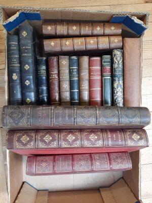 plusieurs livres empilés dans une boîte