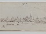 drawing of a view of a city with a river in the foreground