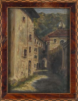 une peinture à l'huile représentant une rue d'une petite ville avec des bâtiments