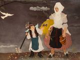 an image of a painting of two women with a bird in the sky