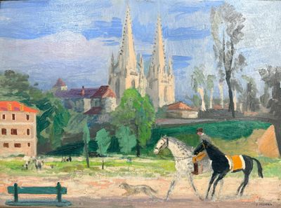 a painting of a man riding a horse next to a church