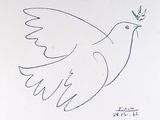 a drawing of a white dove with a green twig in its beak