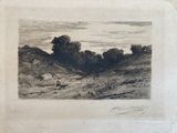 dessin représentant un paysage avec un homme et un chien au premier plan