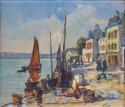 tableau représentant une scène portuaire avec des bateaux et des personnes sur le rivage