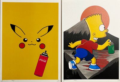 deux tableaux représentant des personnages des Simpson sur fond jaune, avec une bombe de peinture rouge