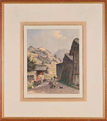 an image of a painting of a village scene with a man and a dog
