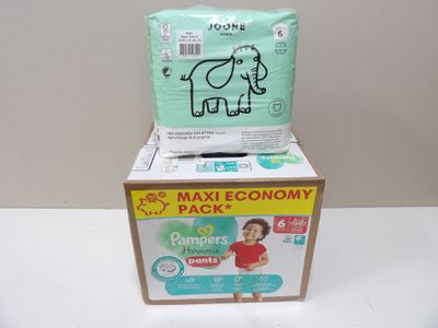 a box of diapers sitting on top of a cardboard box