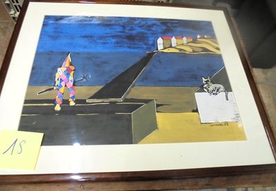 painting of a clown standing in front of a sign on a table