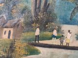 a painting of a group of people walking down a road