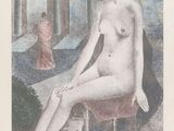 painting of a nude woman sitting on a chair in front of a building