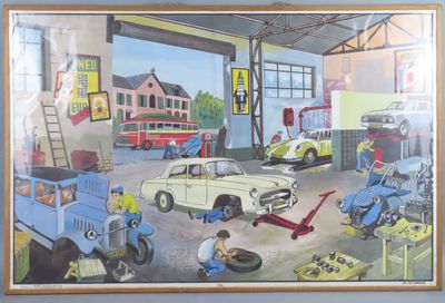 une photo d'un tableau représentant un garage avec des voitures à l'intérieur