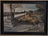 un tableau représentant un chien couché par terre