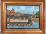 une peinture à l'huile représentant une vue d'une ville avec une rivière au premier plan