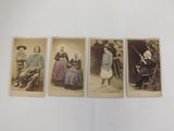 four antique photographs of people in period clothing are displayed