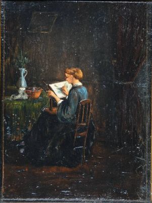 une peinture à l'huile représentant une femme en train de lire un livre à une table