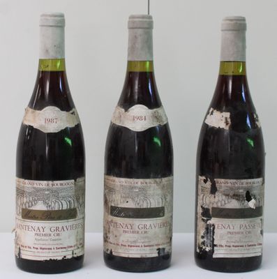 three bottles of wine are lined up on a white surface