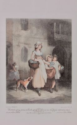 tableau représentant une femme et deux enfants avec un chien dans une cour
