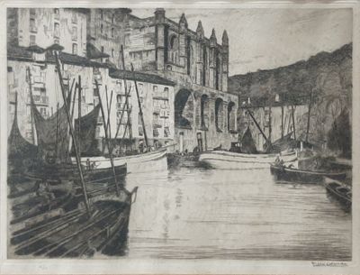 a black and white drawing of boats in a harbor