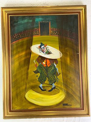 tableau représentant un clown avec un chapeau et une canne, dans un cadre doré