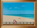 painting of a couple sitting on a bench on the beach