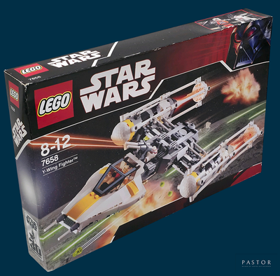 une boîte contenant des sets Lego Star Wars sur fond bleu