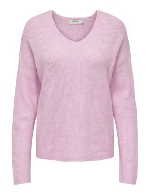 ONLY - Pull-over col V - Maille côtelée Pink Lady - Taille S…