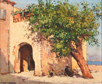 an oil painting of a building with a tree in front of it