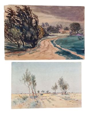 deux aquarelles représentant des arbres et une rivière au loin