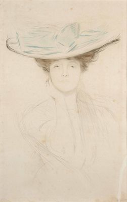 an old drawing of a woman with a large hat on her head