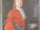 tableau représentant un homme vêtu d'un manteau rouge et d'une chemise à col blanc