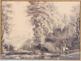 drawing of a man riding a horse across a river next to a bridge