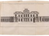 an old book with a drawing of a large building on top of it