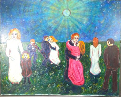 tableau représentant un groupe de personnes debout dans un champ, avec le soleil en arrière-plan