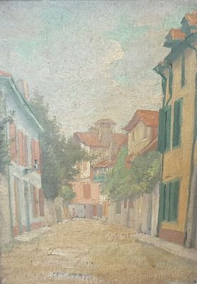 a painting of a street with buildings on both sides of it