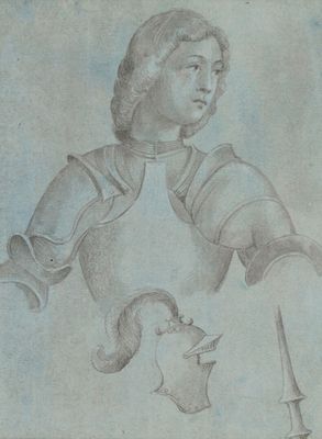 dessin représentant un homme en armure, tenant une épée et portant un casque