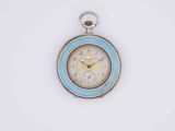 an image of a silver and blue pocket watch on a white surface