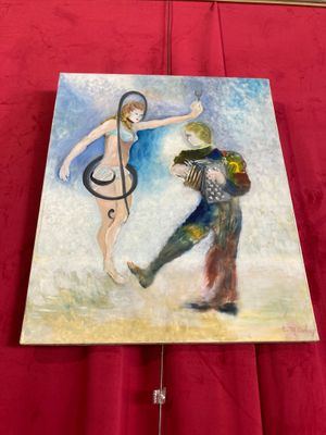 un tableau représentant un homme et une femme sur fond rouge
