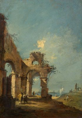 une image représentant un tableau d'un bâtiment en ruines autour duquel se promènent des gens