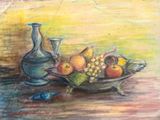a painting of a bowl of fruit and a vase on a table