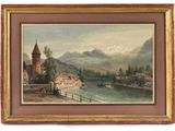an old painting of a village by a river with mountains in the background