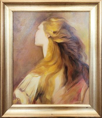 a painting of a woman with long blonde hair in a gold frame