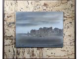 an oil painting of an old building on a wooden wall