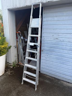une échelle appuyée contre la porte du garage, à côté d'une plante en pot