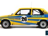 a yellow and blue car with a number on the side