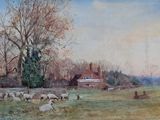 a painting of sheep grazing in a field with a house in the background