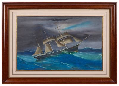 an oil painting of a sailing ship in a stormy sea