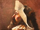 an oil painting of a man with a white hat on his head