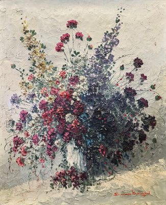 une peinture à l'huile représentant un vase de fleurs sur une table